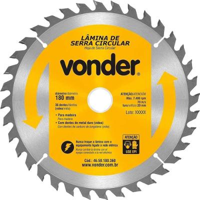 Lâmina de Serra Circular 4650180360 Metal Duro Vídea 180mm X 20mm 36 Dentes Vonder