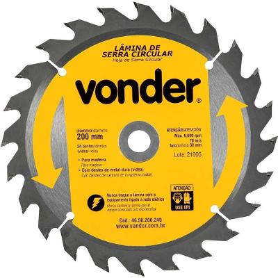 Lâmina de Serra Circular 200MM X 30MM 24 Dentes Metal Duro Vídea para Madeira Vonder