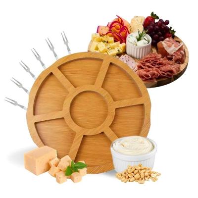 Kit Petisqueira Redonda MDF com Molheira Ramequim Cerâmica e 6 Garfinhos Aço Inox para Frios