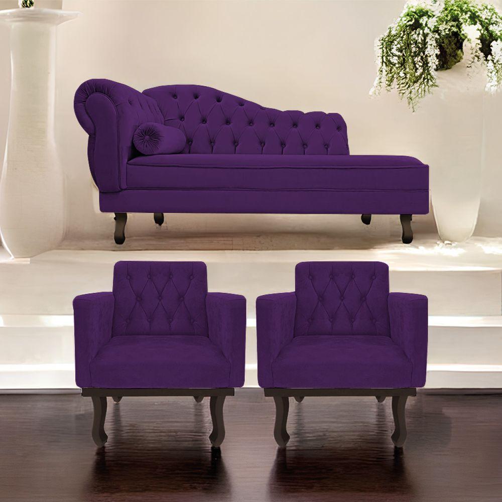 Kit Diva Recamier Diana 130Cm Lado Direito E 02 Poltronas Classic Suede Roxo - 6