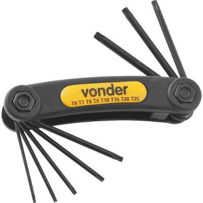 Jogo de Chaves Hexalobular VTX6 T6 a T25 com Suporte Plástico Tipo Canivete 8 Peças Vonder