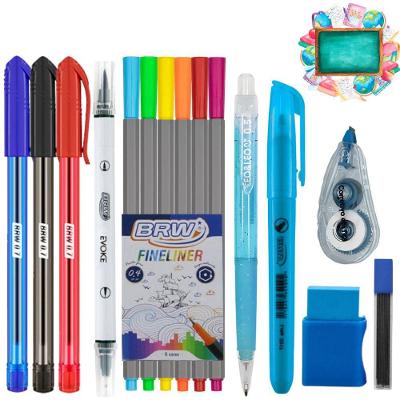 Kit Escolar OEM 15 Itens com Canetas Esferográficas Brush Pen Fineliner Marca-texto Lapiseira Azul