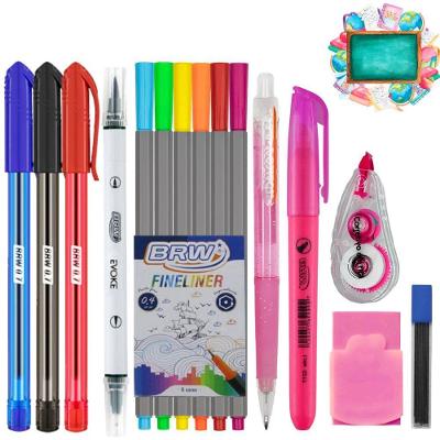 Kit Escolar OEM 15 Itens com Canetas Esferográficas Brush Pen Fineliner Marca-texto Lapiseira