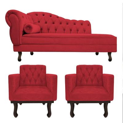 Kit Diva Recamier Diana 140Cm Lado Direito E 02 Poltronas Classic Suede Vermelho