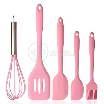 Kit Utensilios de Cozinha Silicone e Metal 5 Pecas Antiaderente Rosa Aquilae