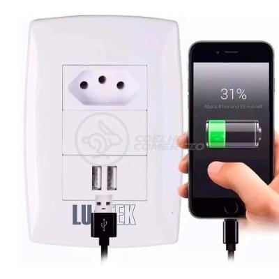 Tomada de Parede com USB Smart House Luxo 1 Entrada Fonte 2 USB 5V 10A Bivolt Branco Aquilae