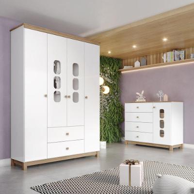 Quarto de Bebê com Guarda Roupas e Cômoda Aconchego 5 Portas 6 Gavetas MDF-MDP Branco Móveis Henn