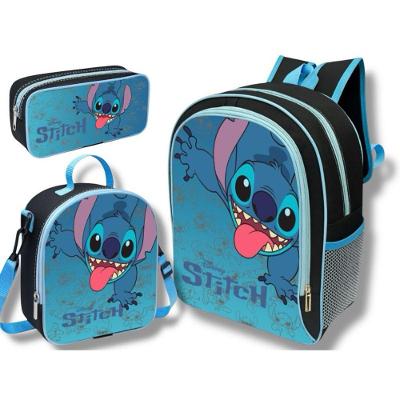Kit Escolar OEM Lilo e Stitch Mochila com Rodinha Lancheira Térmica Estojo Nylon Azul