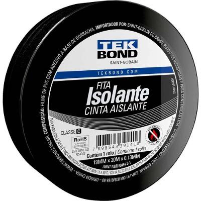 Fita Isolante 19 mm X 20 m Anti Chamas para Fios e Cabos Preta Tekbond