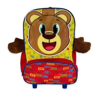 Mochila Infantil Escolar com Rodinhas Rocie Ursinho Poliester e PVC Amarelo e Vermelho