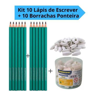 Kit de Papelaria OEM HB N°2 10 Lápis de Escrever e 10 Borrachas Ponteira Preto