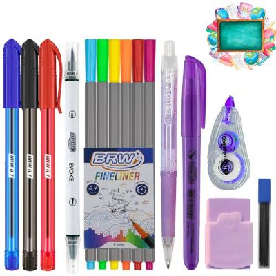 Kit Escolar OEM 15 Itens Brush Pen Fineliner Lapiseira 0.5MM Borracha e Corretivo Roxo