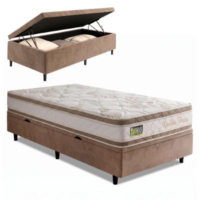 Cama Box com Baú Solteiro Molas Ensacadas D33 Double Face Tecido Malha Branco Bege Prince