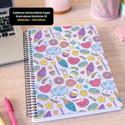 Caderno Universitario Doces Feminino 10 Materias 160 Folhas Espiral Rosa com Detalhes em Azul