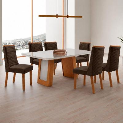 Mesa de Jantar Carolina 6 Lugares Tampo MDF Vidro Cadeiras Veludo Marrom Off White 180CM Moderna