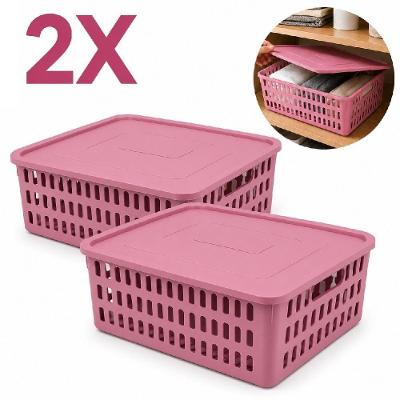 Kit 2 Caixas Organizadoras Grandes com Tampa Organizador Box Multiuso Polipropileno Rosa Yeet 10,8L