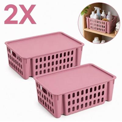 Organizador Empilhável com Tampa Kit 2 Caixas 7,4L Polipropileno Multiuso Casa Rosa Yeet