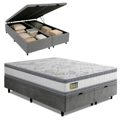 Cama Box com Baú Queen Cama Box Baú D33 Double Face Molas Ensacadas Branco e Cinza Hellen Estofados