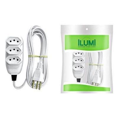 Extensão Elétrica Compacta 2P+T com Cabo PP Chato 10A 250V Branco Ilumi Materiais Elétricos