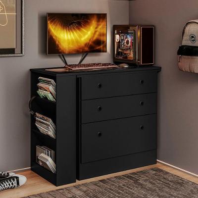 Cômoda com Mesa Giratória Retangular Gamer Qmovi 3 Gavetas MDF 91CM Preto