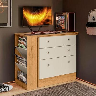 Cômoda com Mesa Giratória Gamer para Escritório Retangular Moderno 3 Gavetas MDF 91CM Branco Qmovi