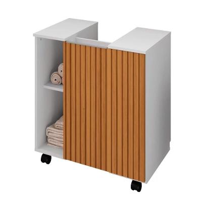 Gabinete Para Banheiro 55cm 1 Porta Com Rodízios Pequin Branco/ripado - Bechara