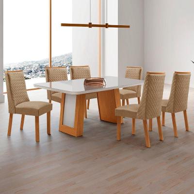 Mesa de Jantar Carolina 6 Lugares Tampo MDF Vidro com Cadeiras Estofadas Off White 180CM Moderna