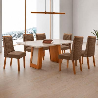 Mesa de Jantar Carolina 6 Lugares Tampo MDF Vidro com Cadeiras Veludo Capuccino Off White 180CM