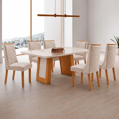 Mesa de Jantar Carolina 6 Lugares Tampo MDF Vidro Cadeiras Veludo Creme 180CM Moderna