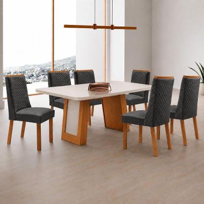 Mesa de Jantar Carolina 6 Lugares Tampo MDF Vidro Cadeiras Linho Grafite 180CM Moderna