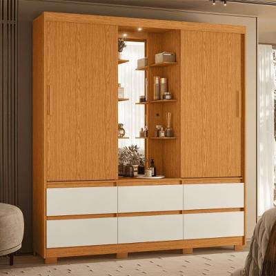 Guarda Roupa Casal 6 Portas de Bater 6 Gavetas MDP com Vidro Lateral Cinamomo Mel Off White Mais