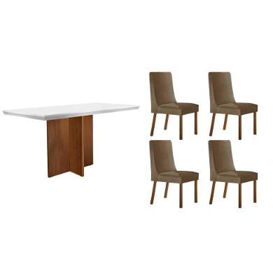 Conjunto Mesa Berlim Curvo 120CM e 4 Cadeiras Dakota Moderno MDF Suede Capuccino Off White Móveis