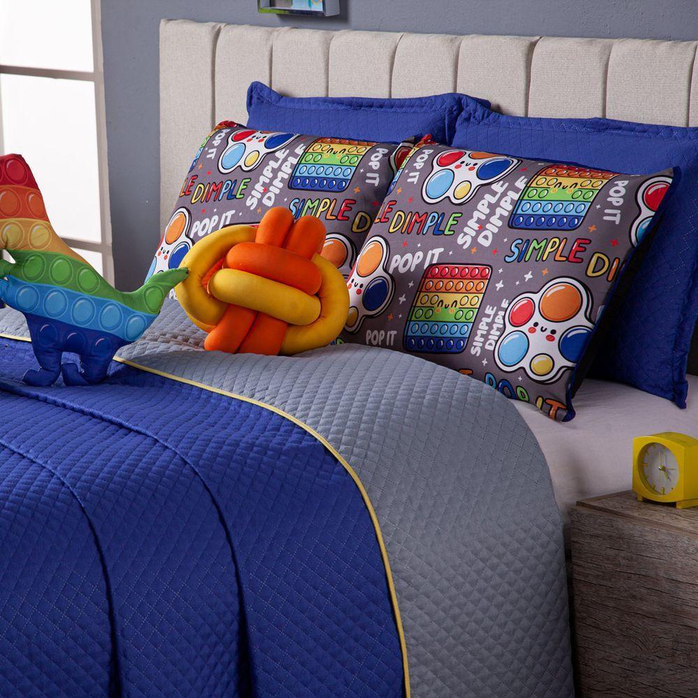 Cobre Leito Pop It Azul Dupla Face Almofadas Casal 08 Peças - 10