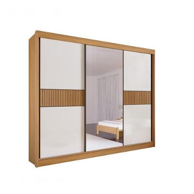 Guarda Roupa Casal Los Angeles 3 Portas de Bater 6 Gavetas MDF com Espelho Cinamomo-off White-ripado