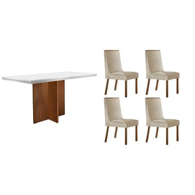 Conjunto Mesa Berlim Curvo e 4 Cadeiras Dakota Naturale Moderno MDF Suede Creme Off White Móveis