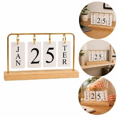 Calendário de Mesa Permanente Reutilizável Yeet em Madeira Metal e Papel com Fichas de Dias Meses