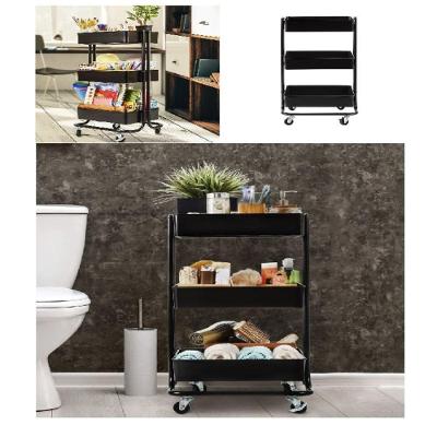 Carrinho Organizador Multiuso 3 Prateleiras Aço Carbono com Rodízios para Sala e Quarto Preto Kangur