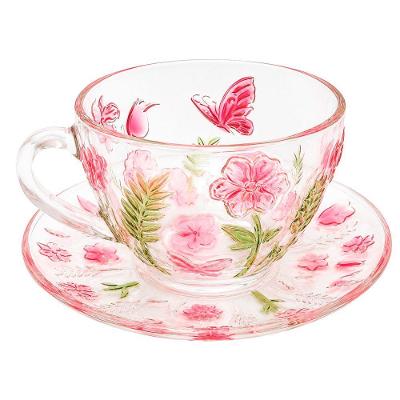 Xícara de Chá Spring Flores em Vidro Decorada para Servir Bebidas Quentes Transparente e Rosa
