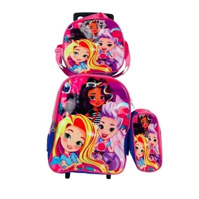 Mochila Escolar Infantil com Rodinhas Kangur Kit 3 em 1 Rosa com Lancheira Térmica e Estojo