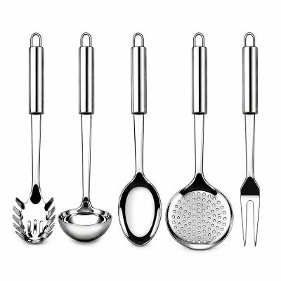 Kit 5 Utensílios de Cozinha em Aço Inox com Cabos Longos e Argola para Pendurar Inox Aquilae