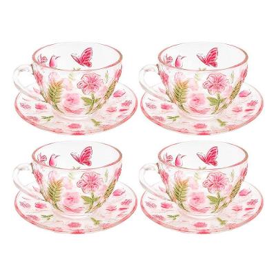 Jogo de Xícaras de Chá Café Spring 4 Peças Vidro Floral Decorado Transparente Rosa Verde Hauskraft