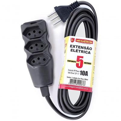 Extensão Elétrica Tripla 2P+T Cabo PP 5M Preto Bivolt Megatron