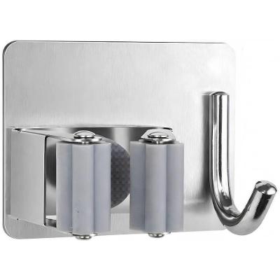 Suporte de Parede para Vassoura e Rodo Aço Inox com Gancho Adesivo Multifuncional Prateado Carisma
