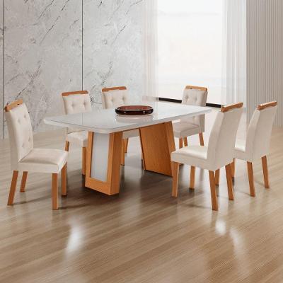 Conjunto de Jantar Carolina 6 Lugares Tampo MDF com Vidro Cadeiras Carol Estofadas Off White Moderna