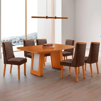 Conjunto de Jantar Carolina 6 Lugares Tampo MDF Canto Copo sem Vidro Veludo Marrom Naturalle Moderna