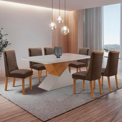 Conjunto de Jantar Aster 6 Lugares Tampo MDF com Cadeiras Veludo Marrom 180CM Moderna