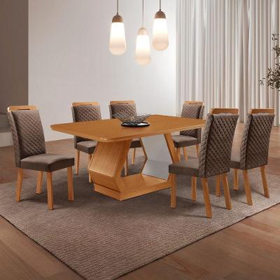 Conjunto de Jantar Alvorada 6 Lugares Tampo MDF Cadeiras Lorena Veludo Marrom 180CM Moderna