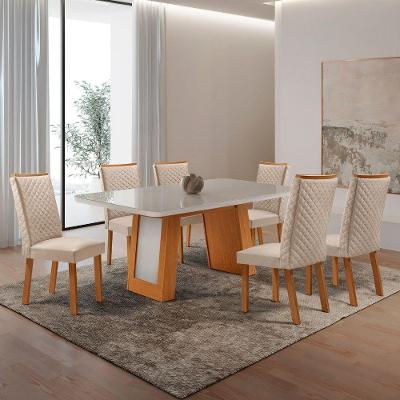 Conjunto de Jantar Carolina 6 Lugares Tampo MDF com Vidro Cadeiras Lira Vel Creme Off White 180CM