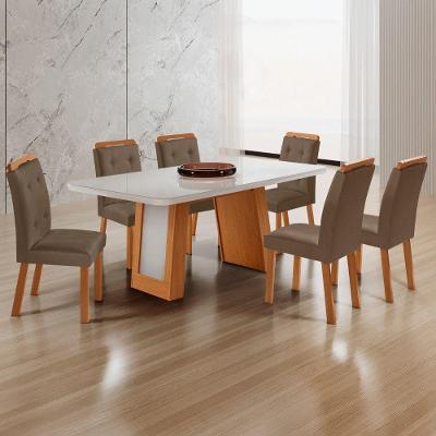 Conjunto de Jantar Carolina 6 Lugares Tampo MDF com Vidro Cadeiras Carol Off White 180CM Moderna