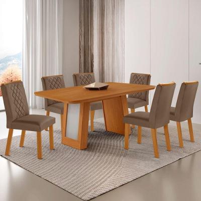 Conjunto de Jantar Carolina Laminado 6 Lugares Tampo MDF Cadeiras Milena Estofadas Capuccino Off